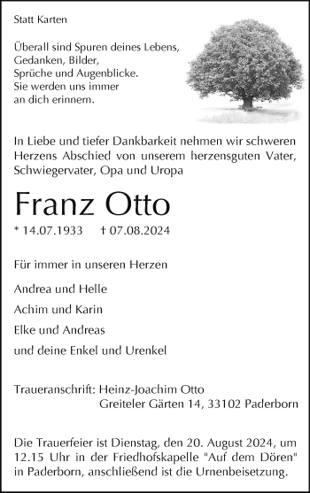 Traueranzeige von Franz Otto von Westfalen Blatt