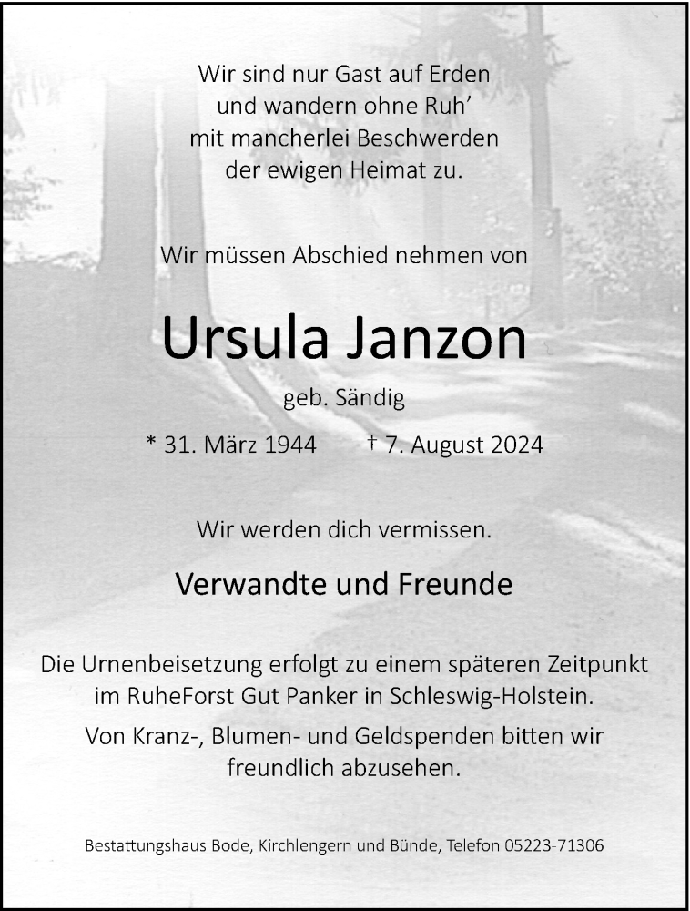  Traueranzeige für Ursula Janzon vom 17.08.2024 aus Westfalen Blatt