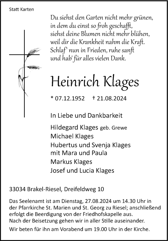  Traueranzeige für Heinrich Klages vom 24.08.2024 aus Westfalen Blatt