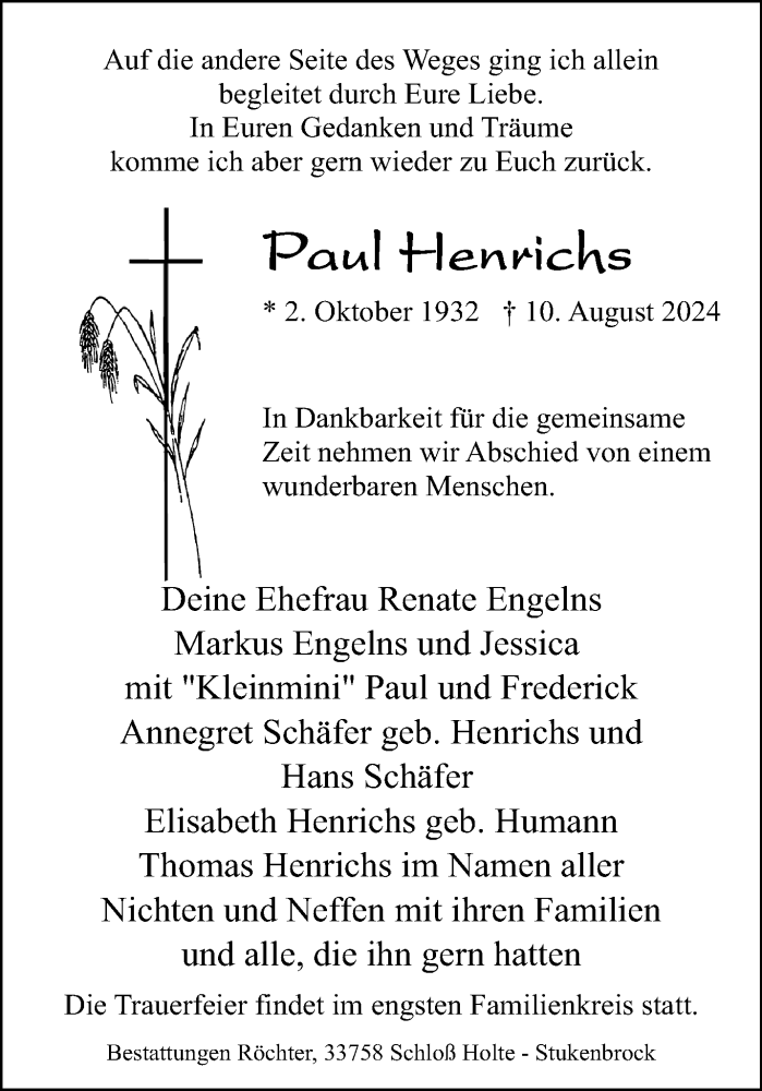  Traueranzeige für Paul Henrichs vom 14.08.2024 aus Westfalen Blatt
