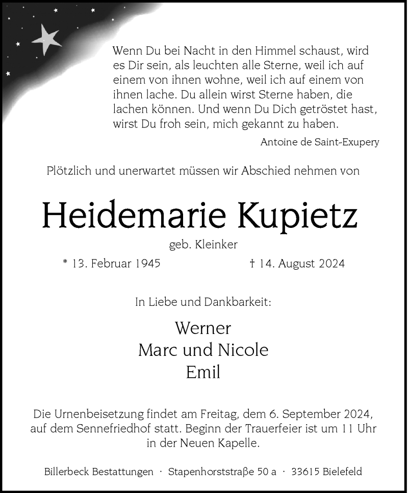  Traueranzeige für Heidemarie Kupietz vom 24.08.2024 aus Westfalen Blatt