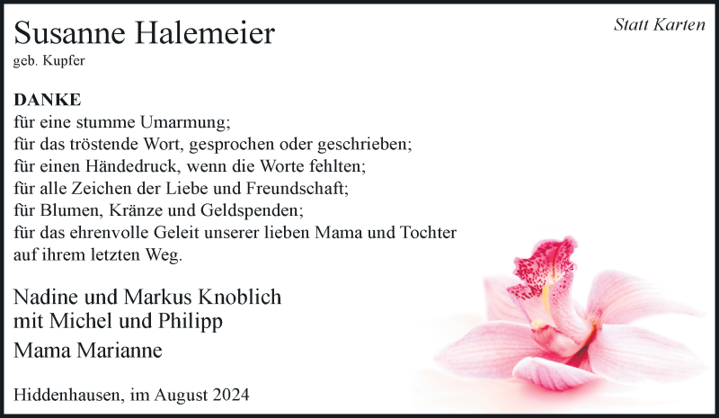  Traueranzeige für Susanne Halemeier vom 31.08.2024 aus Westfalen Blatt