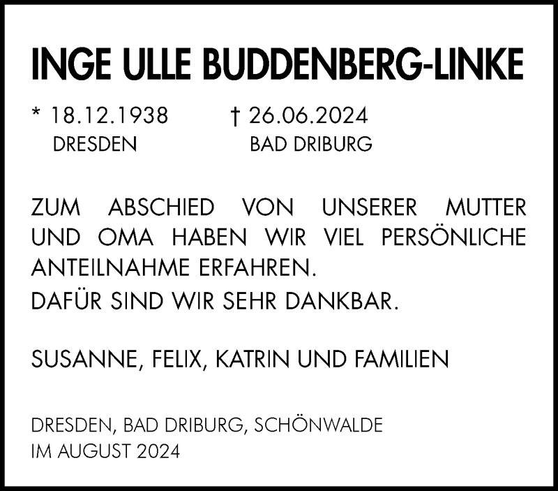  Traueranzeige für Inge Ulle Buddenberg-Linke vom 03.08.2024 aus Westfalen Blatt