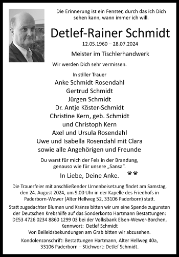 Traueranzeige von Detlef-Rainer Schmidt von Westfalen Blatt
