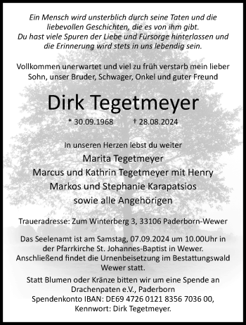 Traueranzeige von Dirk Tegetmeyer von Westfalen Blatt