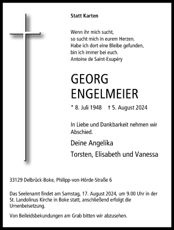 Traueranzeige von Georg Engelmeier von Westfalen Blatt