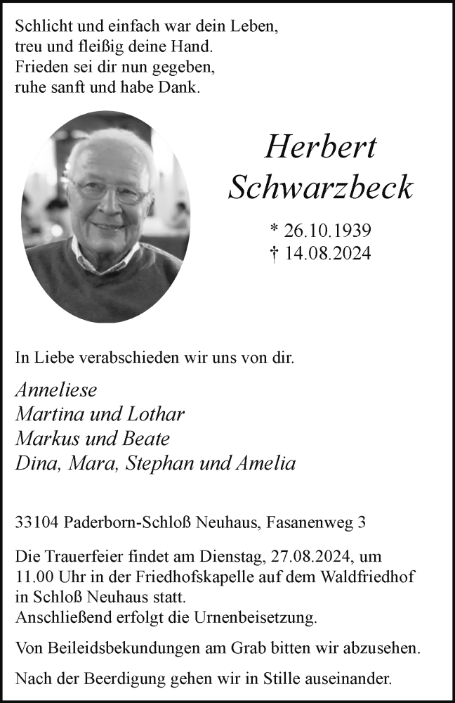  Traueranzeige für Herbert Schwarzbeck vom 21.08.2024 aus Westfalen Blatt