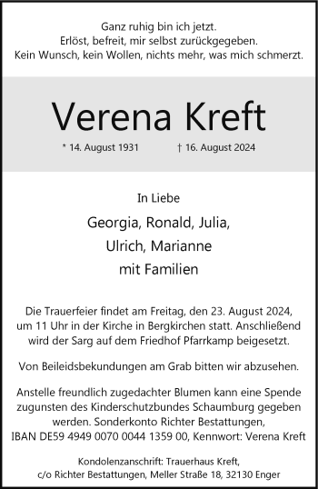 Traueranzeige von Verena Kreft von Westfalen Blatt