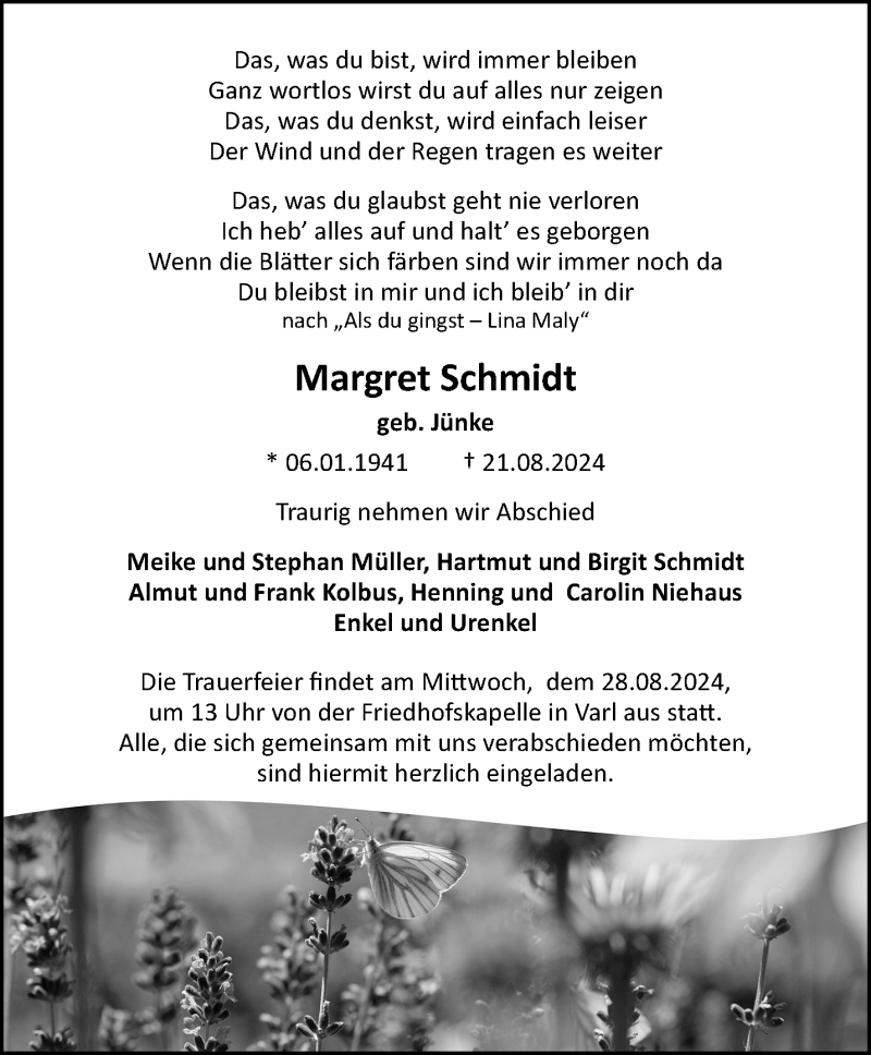  Traueranzeige für Margret Schmidt vom 24.08.2024 aus Westfalen Blatt