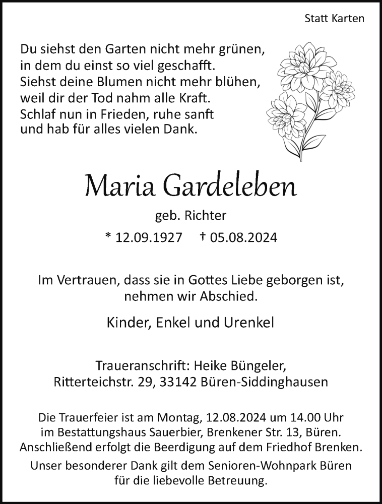  Traueranzeige für Maria Gardeleben vom 08.08.2024 aus Westfalen Blatt