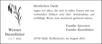 Traueranzeige von Werner Baumhüter von Westfalen Blatt