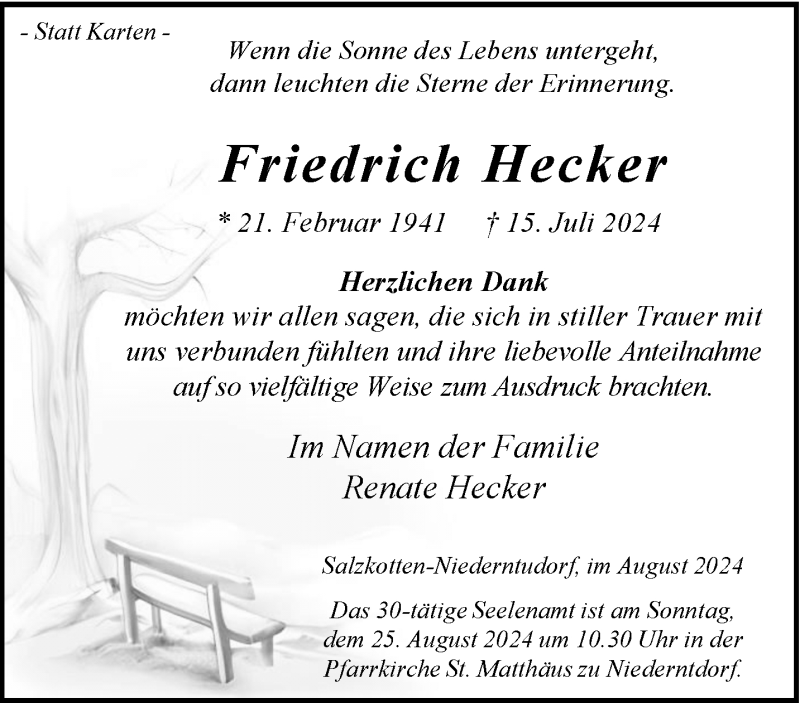  Traueranzeige für Friedrich Hecker vom 17.08.2024 aus Westfalen Blatt