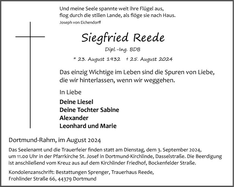  Traueranzeige für Siegfried Reede vom 31.08.2024 aus Westfalen Blatt