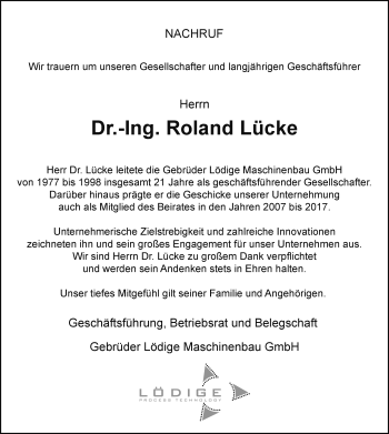 Traueranzeige von Dr.-Ing. Roland Lücke von Westfalen Blatt