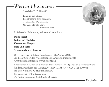 Traueranzeige von Werner Husemann von Westfalen Blatt