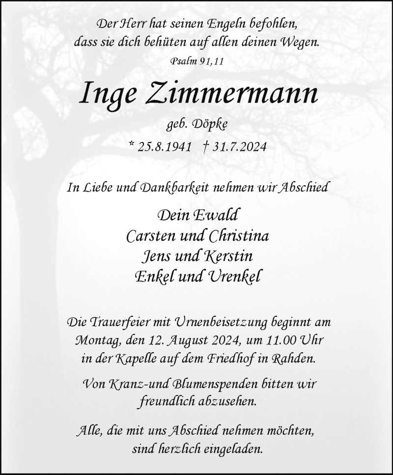  Traueranzeige für Inge Zimmermann vom 07.08.2024 aus Westfalen Blatt
