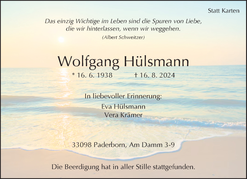  Traueranzeige für Wolfgang Hülsmann vom 31.08.2024 aus Westfalen Blatt