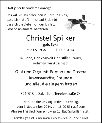 Traueranzeige von Christel Spilker von Westfalen Blatt