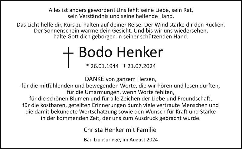  Traueranzeige für Bodo Henker vom 24.08.2024 aus Westfalen Blatt