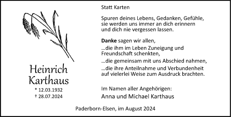  Traueranzeige für Heinrich Karthaus vom 31.08.2024 aus Westfalen Blatt