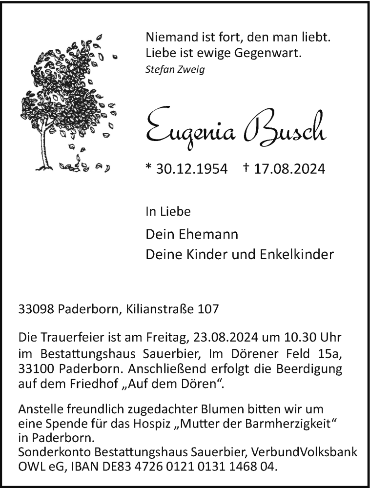  Traueranzeige für Eugenia Busch vom 21.08.2024 aus Westfalen Blatt