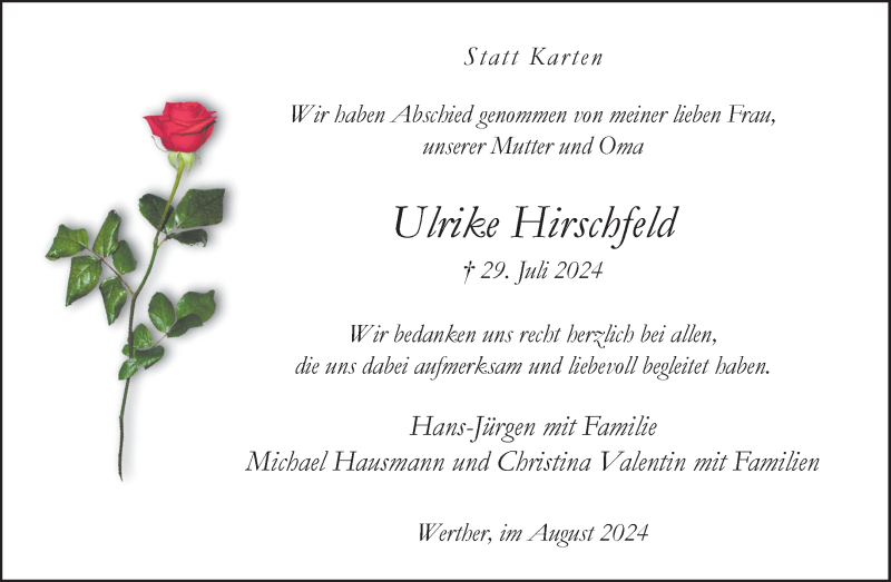  Traueranzeige für Ulrike Hirschfeld vom 31.08.2024 aus Westfalen Blatt