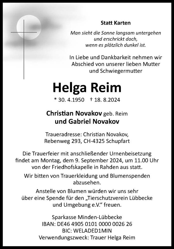  Traueranzeige für Helga Reim vom 31.08.2024 aus Westfalen Blatt