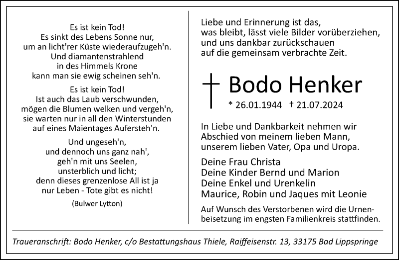  Traueranzeige für Bodo Henker vom 10.08.2024 aus Westfalen Blatt