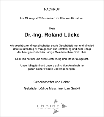 Traueranzeige von Dr.-Ing. Roland Lücke von Westfalen Blatt