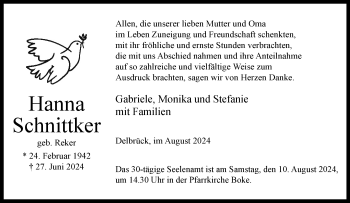 Traueranzeige von Hanna Schnittker von Westfalen Blatt