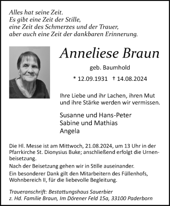 Traueranzeige von Anneliese Braun von Westfalen Blatt