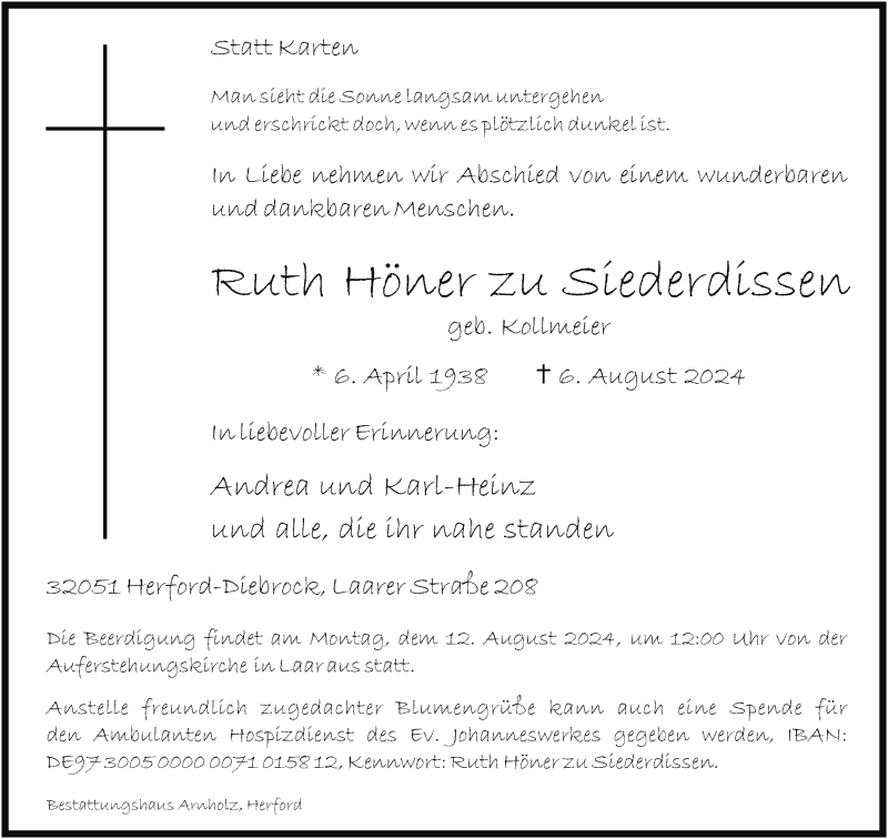  Traueranzeige für Ruth Höner zu Siederdissen vom 08.08.2024 aus Westfalen Blatt