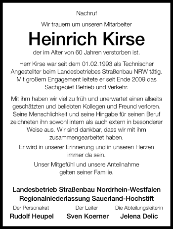 Traueranzeige von Heinrich Kirse von Westfalen Blatt