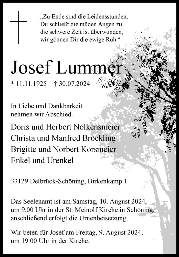  Traueranzeige für Josef Lummer vom 03.08.2024 aus Westfalen Blatt