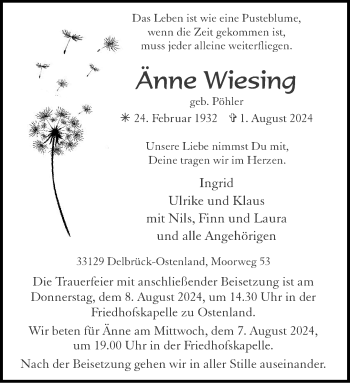 Traueranzeige von Änne Wiesing von Westfalen Blatt