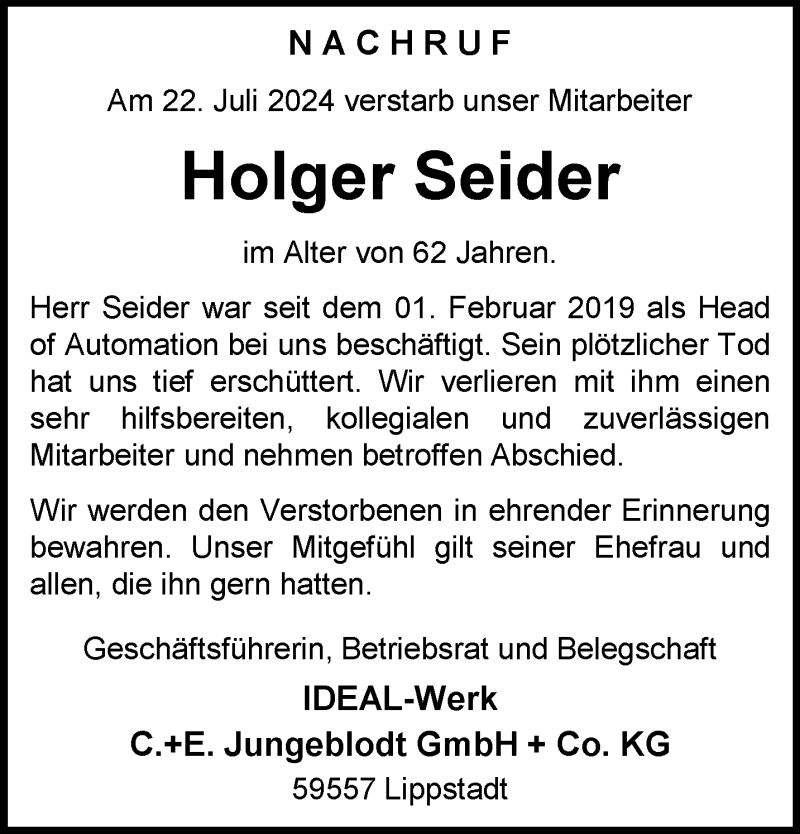  Traueranzeige für Holger Seider vom 10.08.2024 aus Westfalen Blatt
