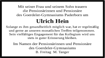 Traueranzeige von Ulrich Hein von Westfalen Blatt