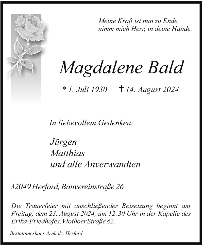  Traueranzeige für Magdalene Bald vom 21.08.2024 aus Westfalen Blatt