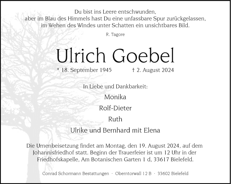  Traueranzeige für Ulrich Goebel vom 10.08.2024 aus Westfalen Blatt