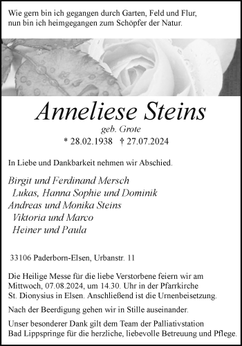 Traueranzeige von Anneliese Steins von Westfalen Blatt