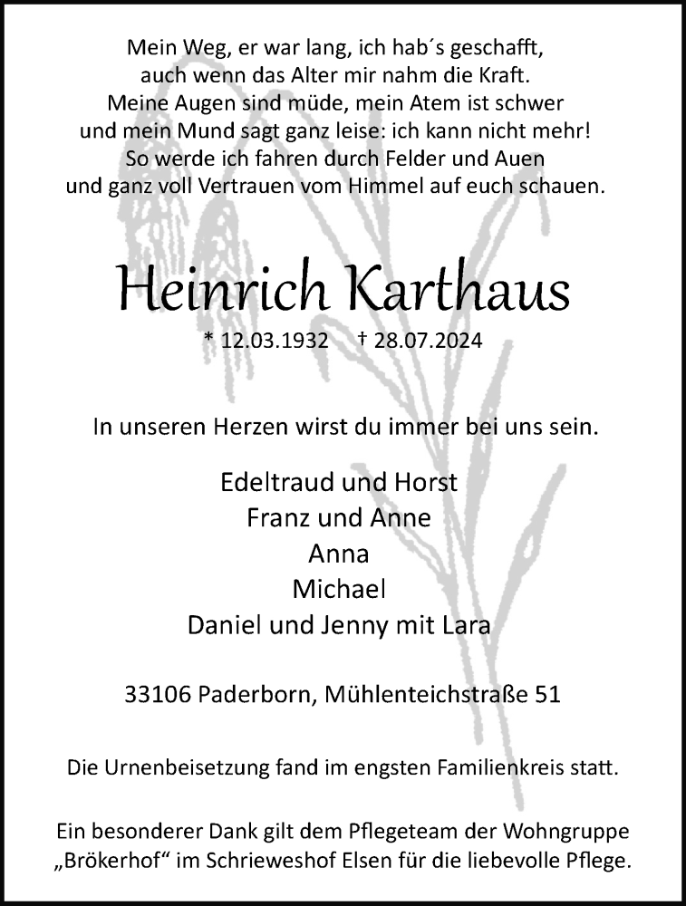  Traueranzeige für Heinrich Karthaus vom 10.08.2024 aus Westfalen Blatt