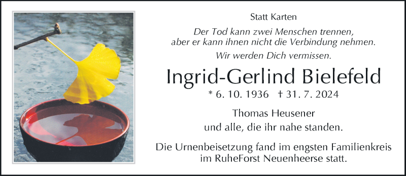  Traueranzeige für Ingrid-Gerlind Bielefeld vom 24.08.2024 aus Westfalen Blatt