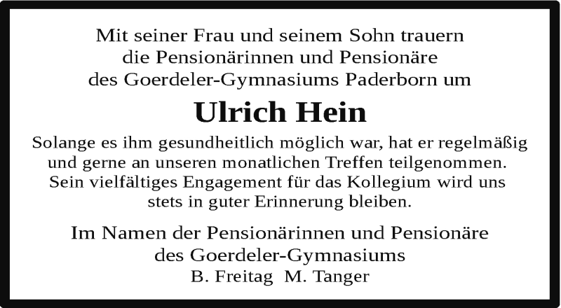  Traueranzeige für Ulrich Hein vom 24.08.2024 aus Westfalen Blatt