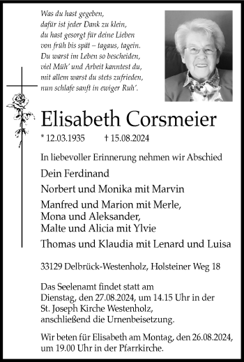 Traueranzeige von Elisabeth Corsmeier von Westfalen Blatt