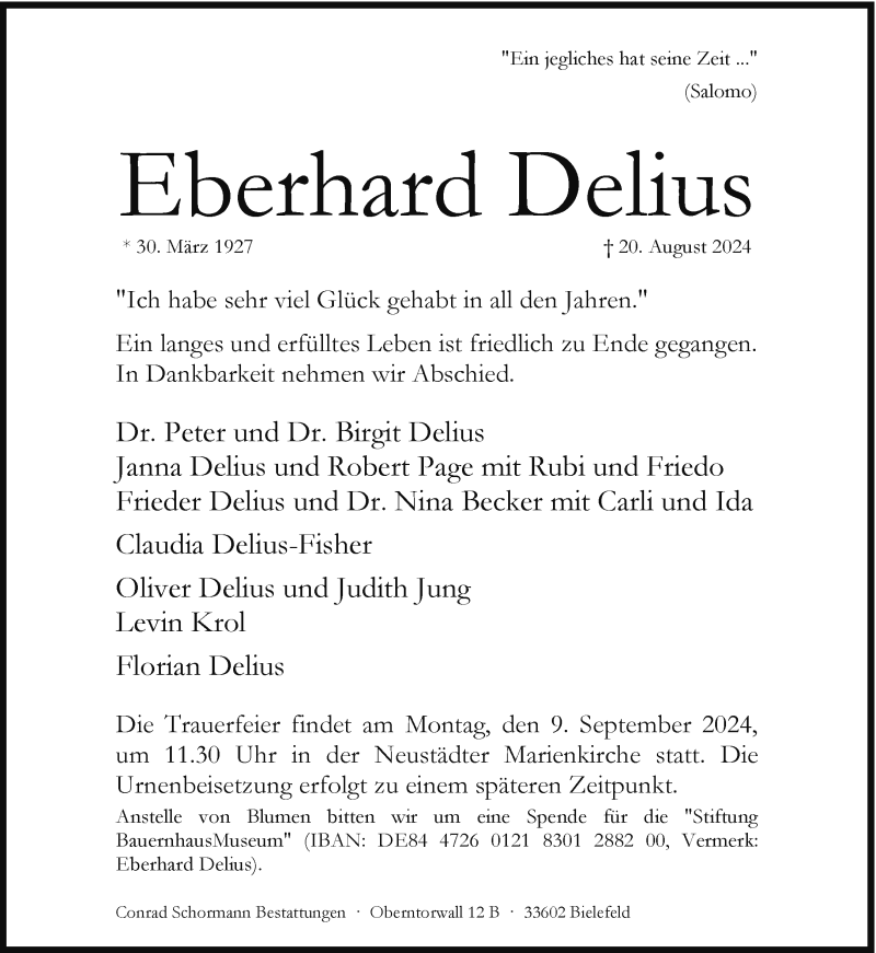  Traueranzeige für Eberhard Delius vom 24.08.2024 aus Westfalen Blatt