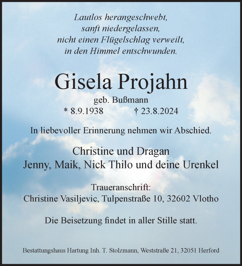  Traueranzeige für Gisela Projahn vom 31.08.2024 aus Westfalen Blatt