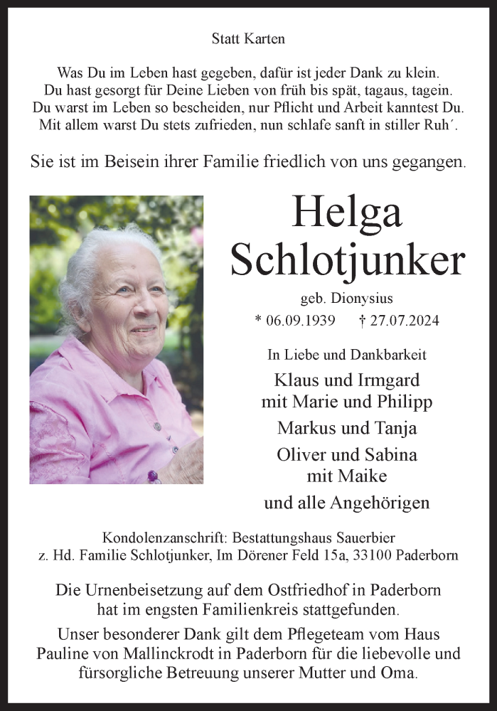  Traueranzeige für Helga Schlotjunker vom 10.08.2024 aus Westfalen Blatt