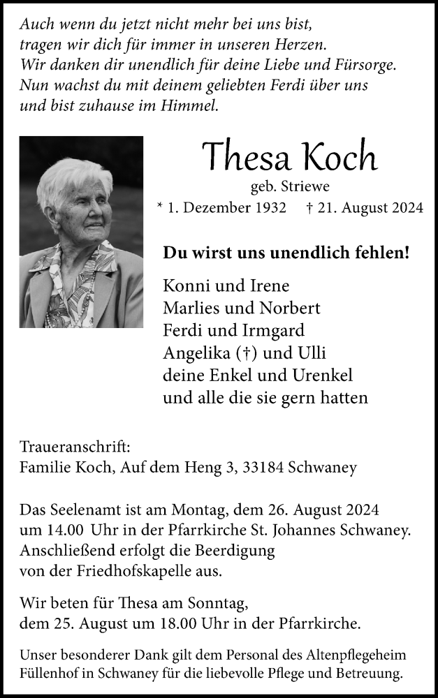  Traueranzeige für Thesa Koch vom 24.08.2024 aus Westfalen Blatt