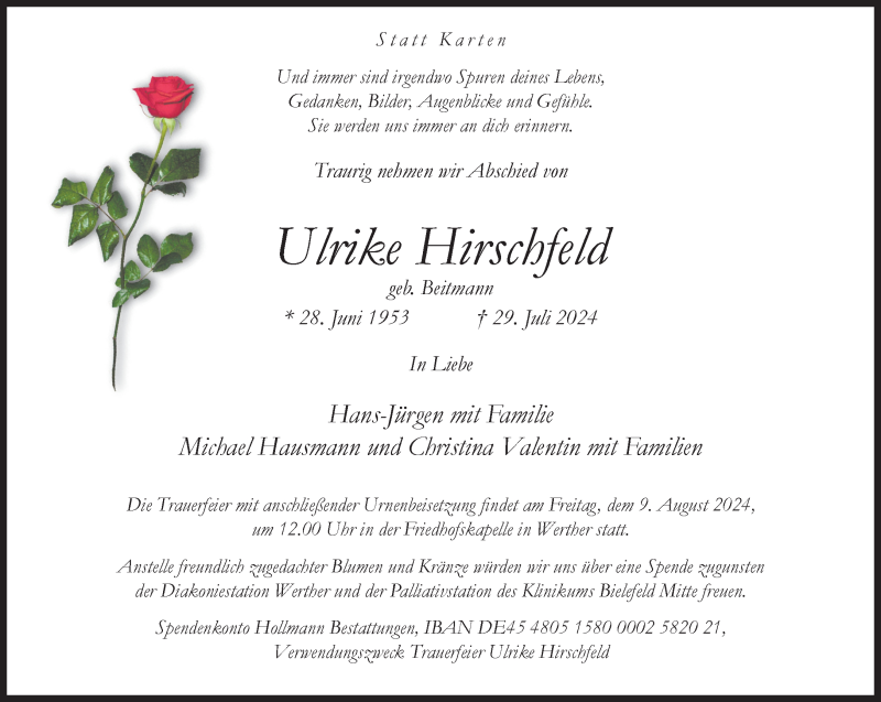  Traueranzeige für Ulrike Hirschfeld vom 03.08.2024 aus Westfalen Blatt