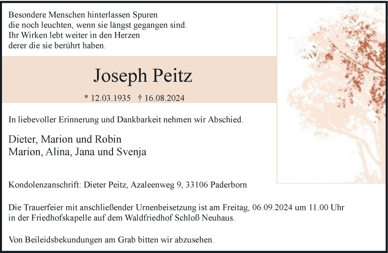  Traueranzeige für Joseph Peitz vom 24.08.2024 aus Westfalen Blatt